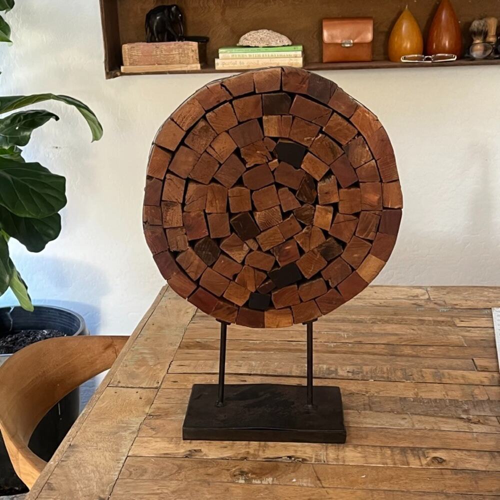 Individual Mosaic Wooden Blocks Wheel Sculpture On Base Stand 18" Tall - Picture 2 of 8